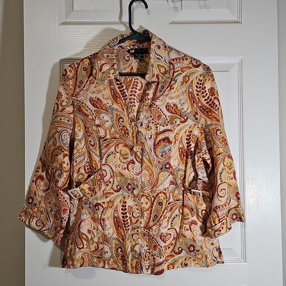 Carole Little Linen Button-Up Top 3/4 Sleeve Shirt Paisley Blazer Jacket Size XL
